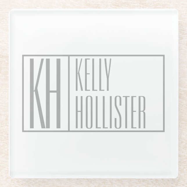 Modern Grey Initials & Name Logo Glass Coaster (Front)