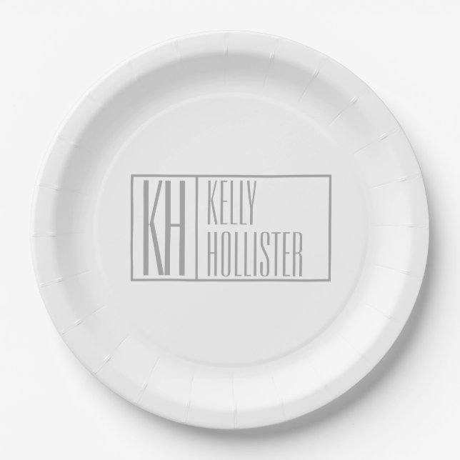 Modern Grey Initials & Name Logo Paper Plates (Front)