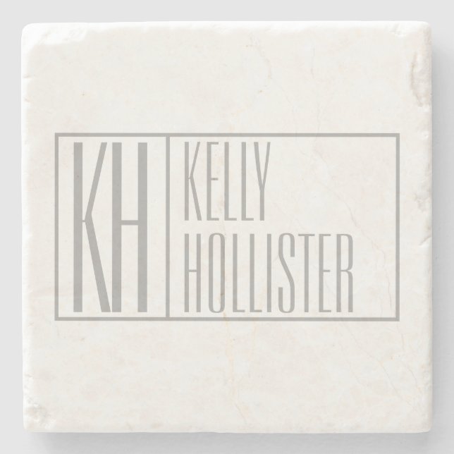 Modern Grey Initials & Name Logo Stone Coaster (Front)