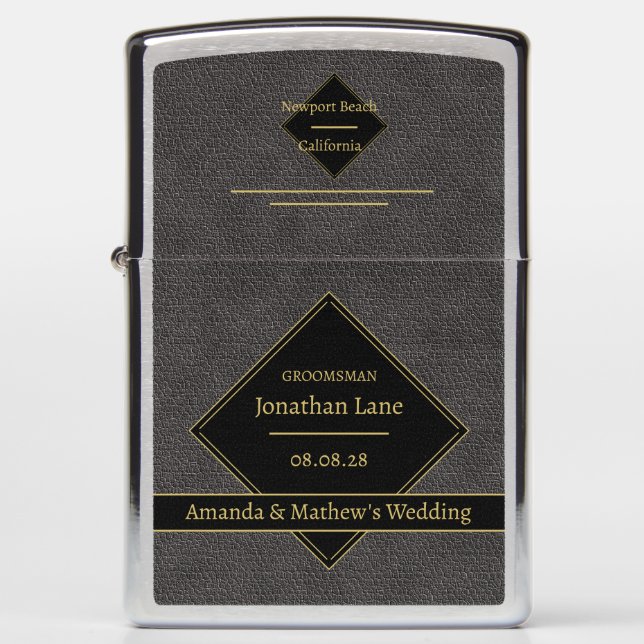 Modern Grey Leather Wedding Groomsman Black Golden Zippo Lighter (Front)