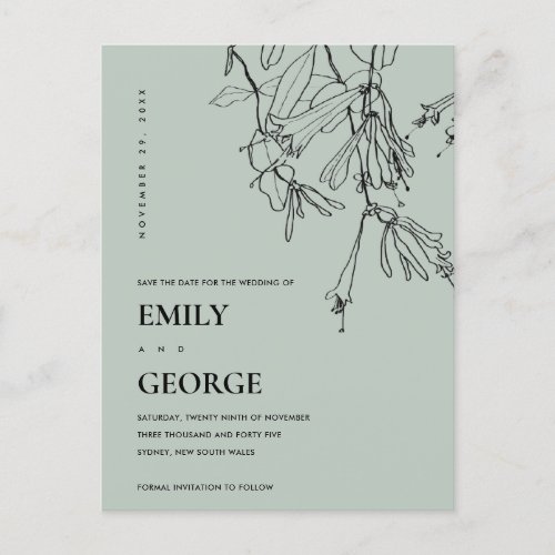 MODERN GREY LINE DRAWING FLORAL SAVE THE DATE ANNOUNCEMENT POSTCARD