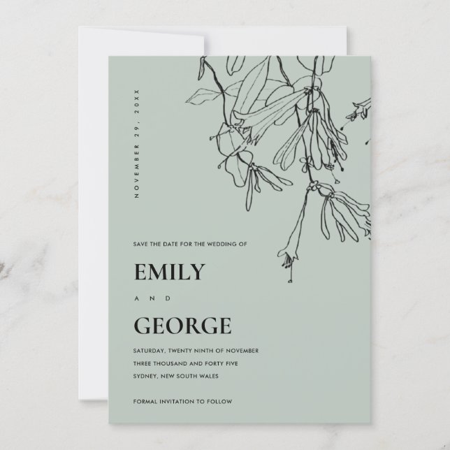 MODERN GREY LINE DRAWING FLORAL SAVE THE DATE CARD (Front)