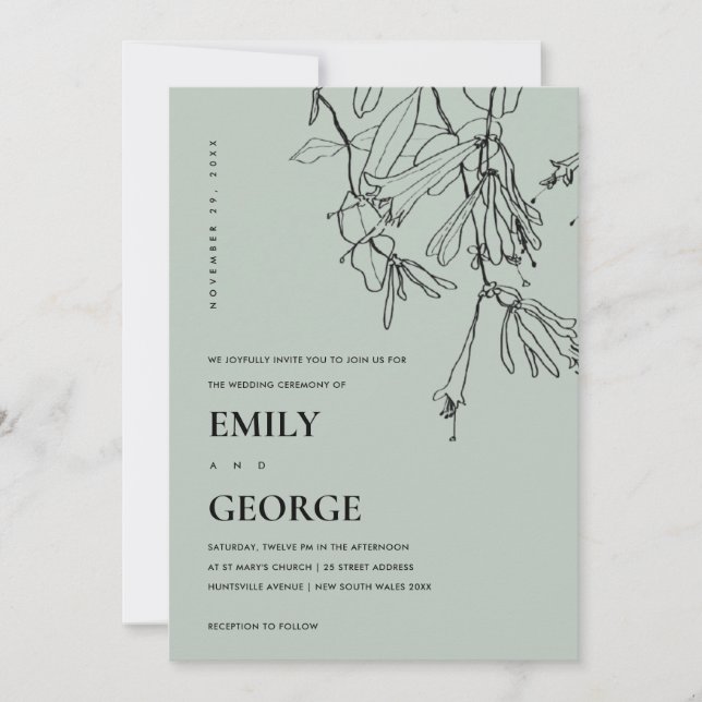 MODERN GREY LINE DRAWING FLORAL WEDDING INVITE (Front)