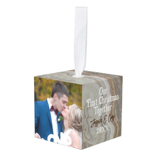 Modern grey marble our first Christmas together Cube Ornament