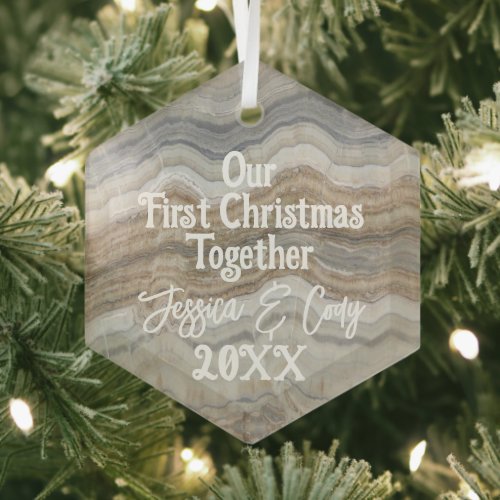 Modern grey marble Our First Christmas Together Glass Ornament