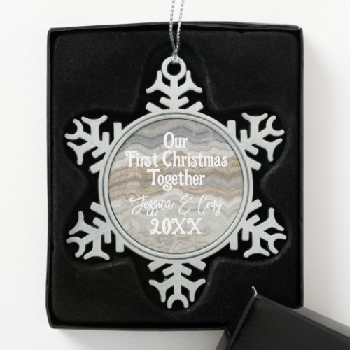 Modern grey marble Our First Christmas Together Snowflake Pewter Christmas Ornament