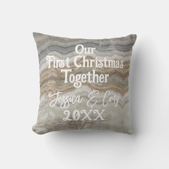 Modern grey marble Our First Christmas Together Throw Pillow (Front)
