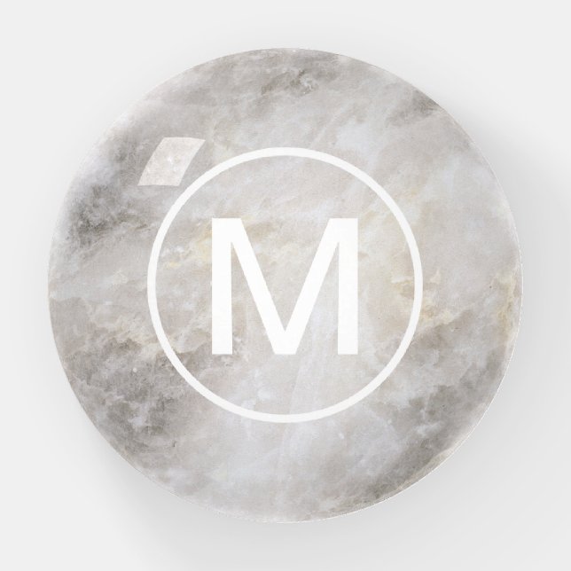 Modern Grey Marble Texture and White Monogram Paperweight (Front)