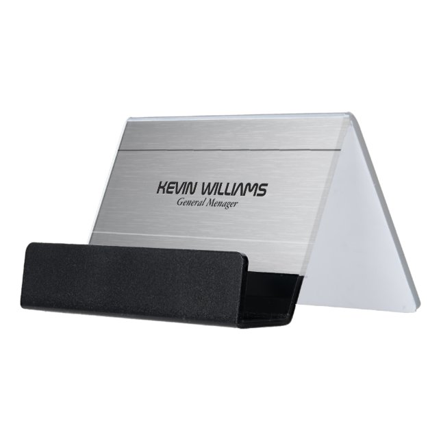 Modern Grey Metallic Texture Print Desk Business Card Holder (Angled Front)