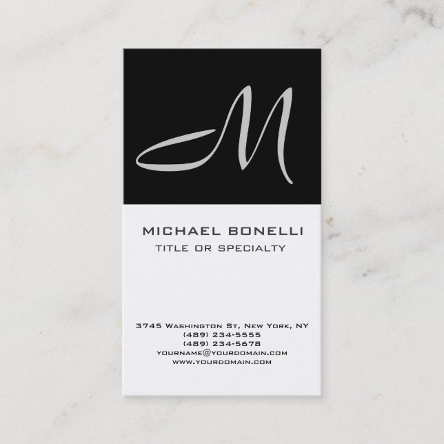 Modern Grey Monogram Black White Business Card (Front)