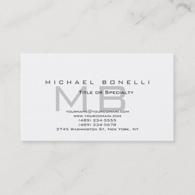 Modern Grey Monogram White Business Card (Front)
