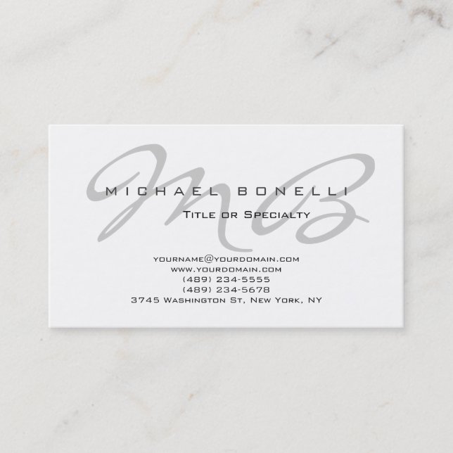Modern Grey Monogram White Business Card (Front)