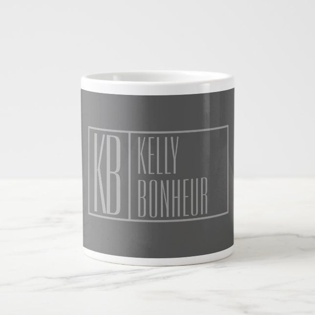 Modern, Grey on Dark Grey, Initials & Name Logo Giant Coffee Mug (Front)