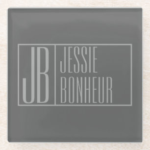 Modern, Grey on Dark Grey, Initials & Name Logo Glass Coaster