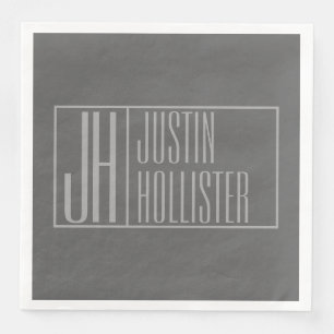 Modern, Grey on Dark Grey, Initials & Name Logo Paper Dinner Napkins