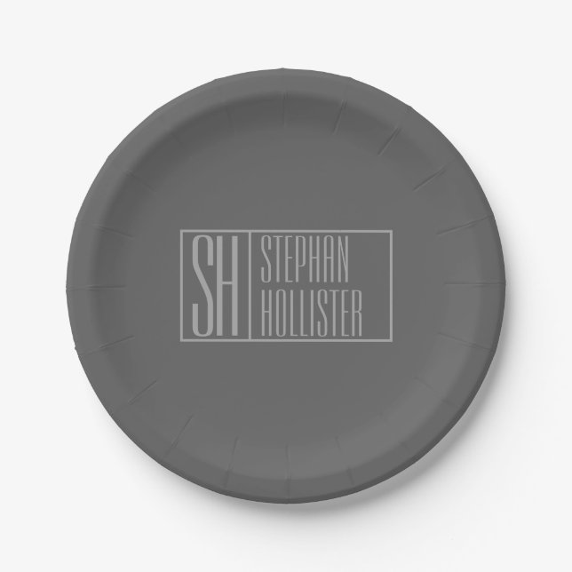 Modern, Grey on Dark Grey, Initials & Name Logo Paper Plates (Front)