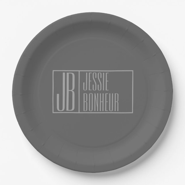 Modern, Grey on Dark Grey, Initials & Name Logo Paper Plates (Front)