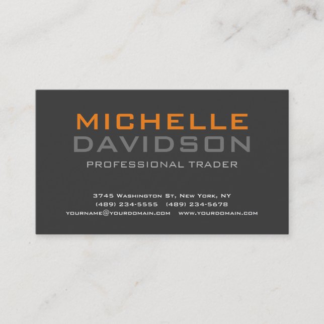 Modern Grey Orange Bold Text Minimalist Elegant Business Card (Front)