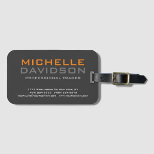 Modern Grey Orange Bold Text Minimalist Elegant Luggage Tag