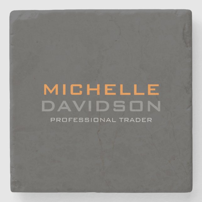 Modern Grey Orange Bold Text Minimalist Name Stone Coaster (Front)