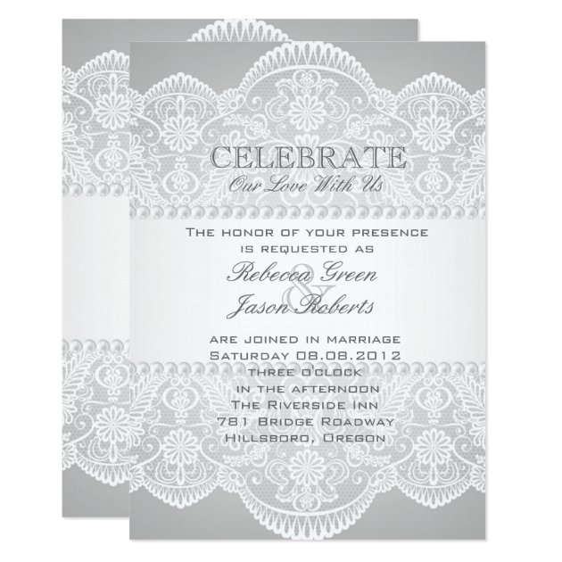 Modern Grey Pearl White Lace Vintage Wedding Invitation