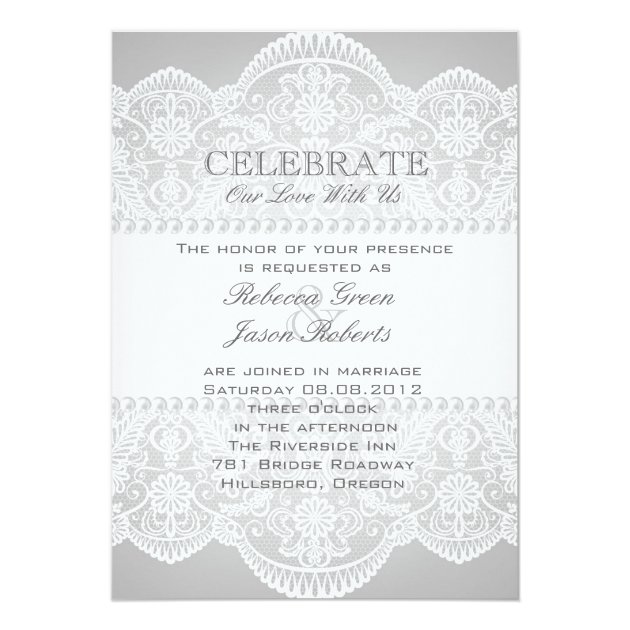 Modern Grey Pearl White Lace Vintage Wedding Invitation
