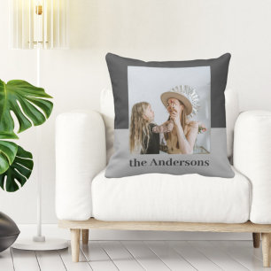 Modern Grey Photo Family Name Gift Throw Pillow