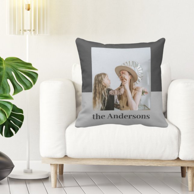 Modern Grey | Photo | Family Name Gift Throw Pillow (Creator Uploaded)