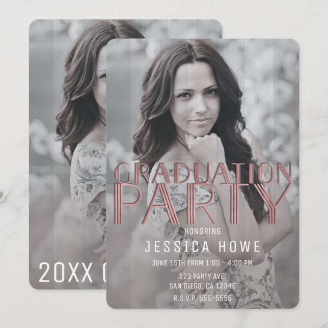 Modern Grey Pink Graduation Party Graduate Photo Invitation (Front/Back)