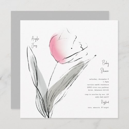 Modern Grey  Pink Tulip Baby Shower Square  Invitation