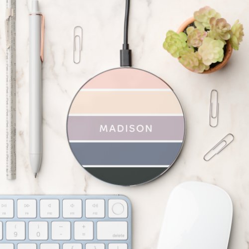 Modern Grey Purple Colorblock Personalized Name Wireless Charger