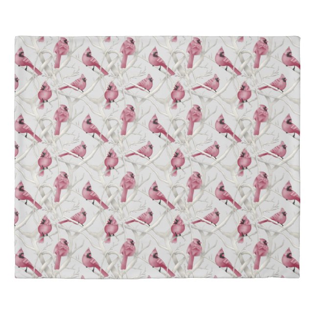 Modern Grey & Red Cardinal Birds Duvet Cover (Front)