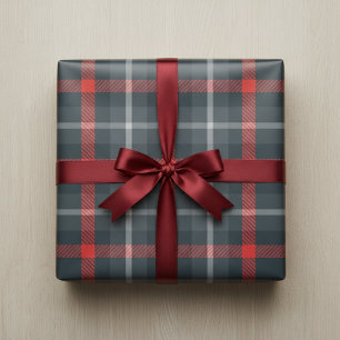 Modern Grey & Red Tartan: Sleek Plaid Wrapping Paper