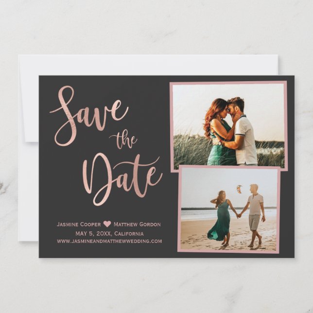 Modern Grey Rose Gold Elegant Typography Photo Save The Date (Front)