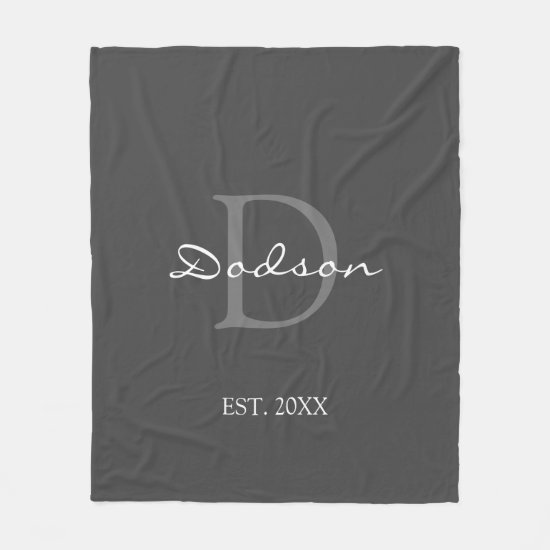 Modern Grey Script Monogram Name Fleece Blanket