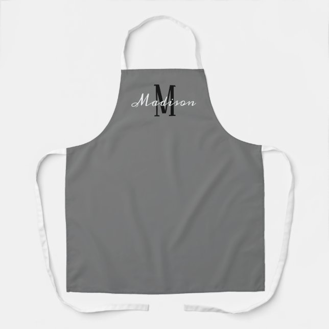 Modern Grey Script Monogram Personalized Kitchen Apron (Front)