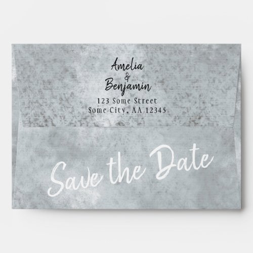Modern Grey Script Save the Date Return Address Envelope - Modern Grey Hearts Script Save the Date and Return Address Wedding envelope. Grey abstract background with a gentle heart pattern. Personalize the envelope with the bride`s and groom`s names and the address and change or erase the Save the date text. Great for your wedding, engagement and save the date mailing.