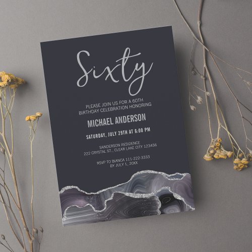 Modern Grey Silver Agate 60th Birthday Party   Invitation