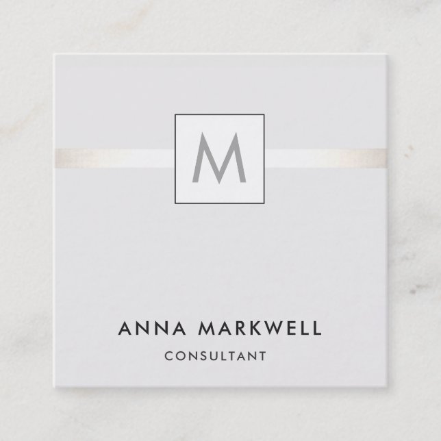 Modern Grey Stripe Professional Monogram Square Business Card (Front)