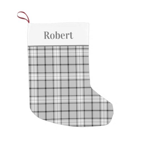 Modern Grey Tartan Plaid Pattern with Name Small Christmas Stocking