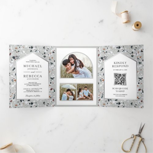 Modern Grey Terrazzo Tile Photo QR Code Wedding Tri_Fold Invitation
