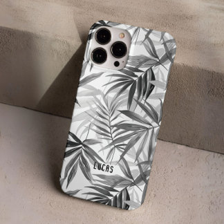 Modern Grey Tropical Leaves Pattern Custom Name iPhone 16 Pro Case
