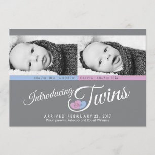 Modern Grey Twins Custom Photo Birth Announcement