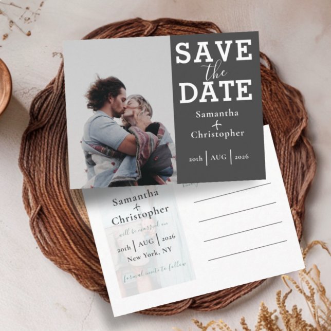 Modern Grey & White 2 Photo Save the Date Announcement Postcard (Creator Uploaded)