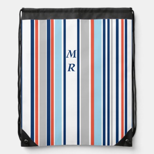 Modern Grey White Blue Black Red Stripes Monogram Drawstring Bag