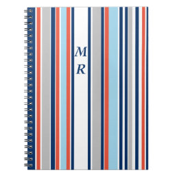 Modern Grey White Blue Red Stripes Monogram Notebook