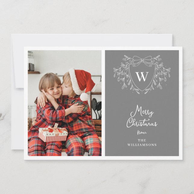 Modern grey & white classy crest 2 photos holiday card (Front)