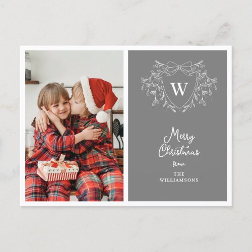 Modern grey  white classy crest photo holiday postcard