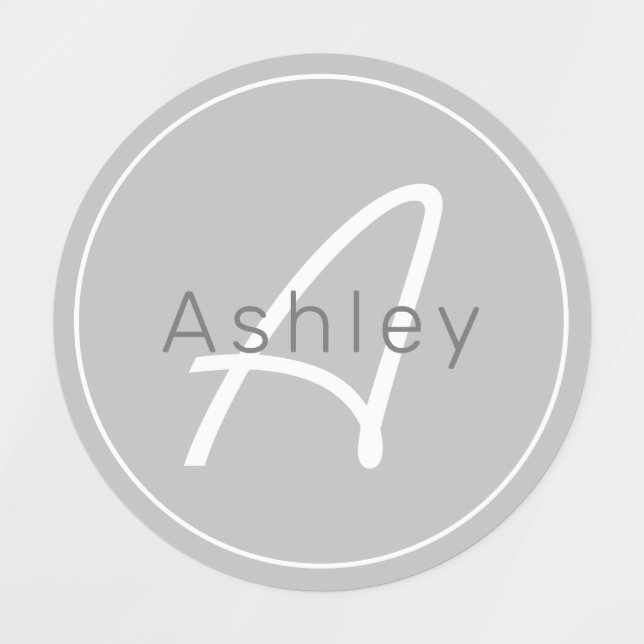 Modern Grey & White | Cool Name & Monogram Labels (Design 1)