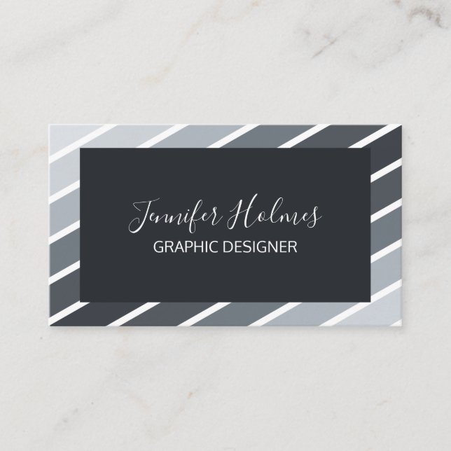 Modern Grey White Diagonal Stripes Business Card (Front)